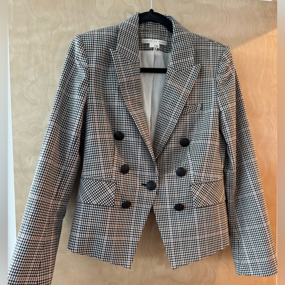 Veronica Beard Dickie Cropped Gingham Double-Breasted Wool Blend Jacket - Size 6
